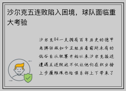 沙尔克五连败陷入困境，球队面临重大考验