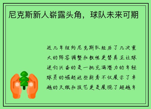 尼克斯新人崭露头角，球队未来可期